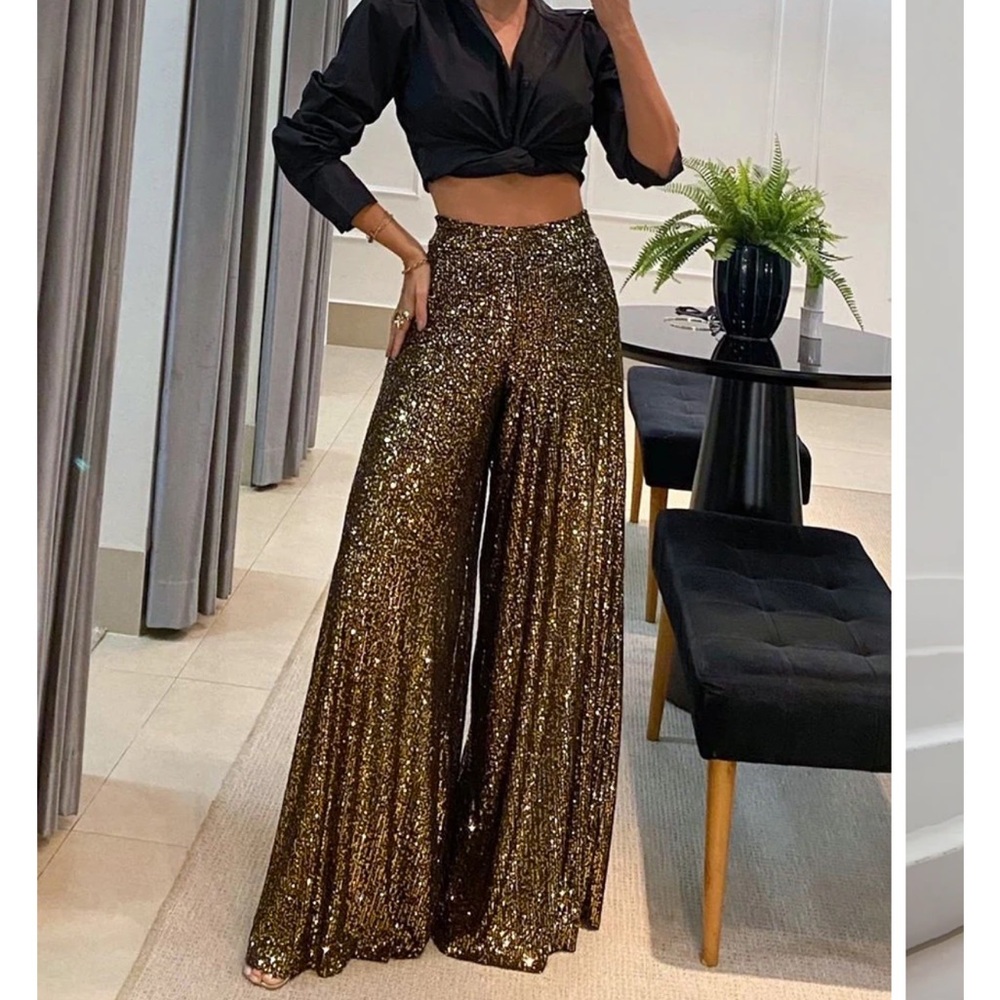 ChicMe high waisted wide leg Black Pants with Copper Sequins
